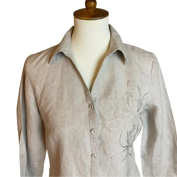 Tweeds Beige Taupe 100% Linen Embroidered Button Down Shirt - Size Medium - Picture 2 of 8